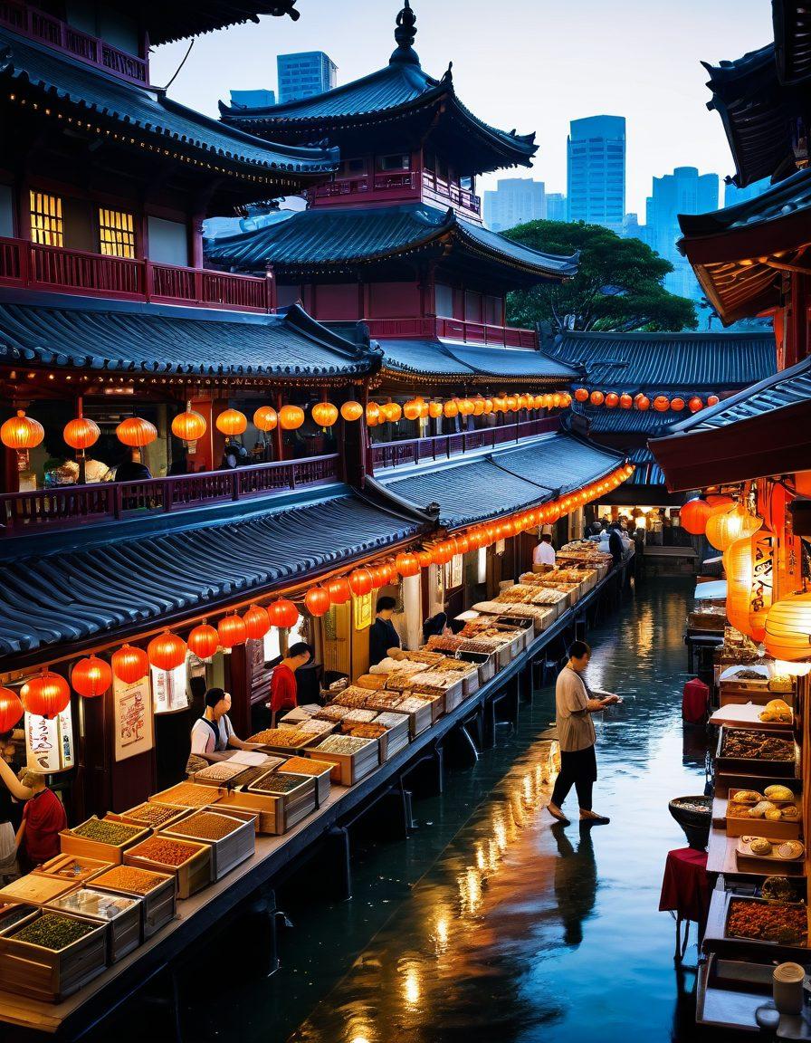 A vibrant market scene showcasing diverse Asian culinary delights like sushi, dim sum, and curry, surrounded by historical architecture reflecting rich heritage. Include local vendors passionately interacting with customers, with colorful spices and ingredients on display. Capture the essence of tradition and modernity intertwined. super-realistic. vibrant colors.