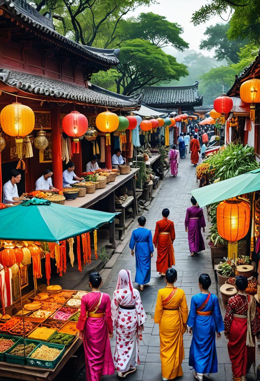 A vibrant collage showcasing the diverse elements of Asian culture, including intricate traditional fabrics, a bustling street market with colorful food stalls, serene temples, and people in traditional attire engaging in cultural activities. Highlight rich textures and warm colors that evoke a sense of exploration and delight. super-realistic. vibrant colors. detailed scenery.
