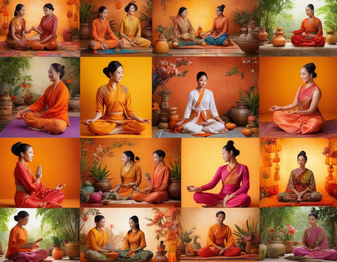 A vibrant collage showcasing diverse Asian lifestyles, including traditional fashion, yoga practices, and wellness activities. Highlight elements like colorful garments, meditative poses, herbal remedies, and cultural artifacts. Use a warm color palette to represent harmony and community. Capture the essence of unity in diversity through smiling faces and cultural richness. vivid colors. modern illustration.